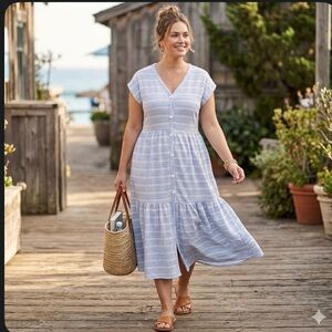 Women’s Tiered Midi Dress, Blue & White, Casual Day Dress Size M Caution to Wind